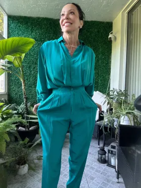 1980s Teal Silk Matching Set Pants and Blouse Chic Albert Hei