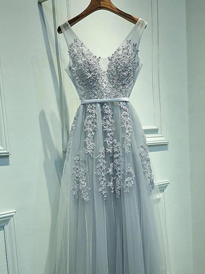 A-line Grey Tulle with Lace Appliqued V-neck Prom Dresses,Long Formal Gowns,apd2048