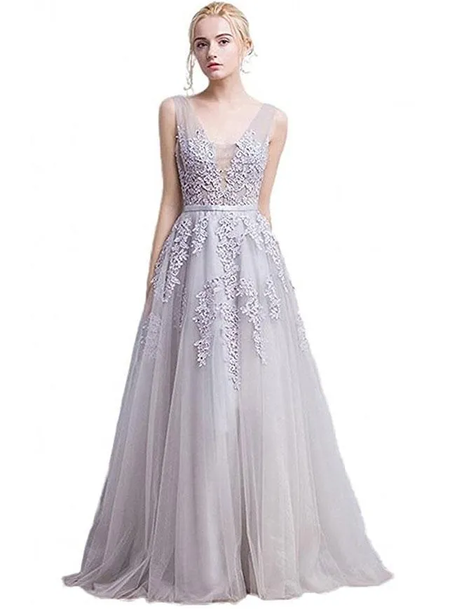 A-line Grey Tulle with Lace Appliqued V-neck Prom Dresses,Long Formal Gowns,apd2048