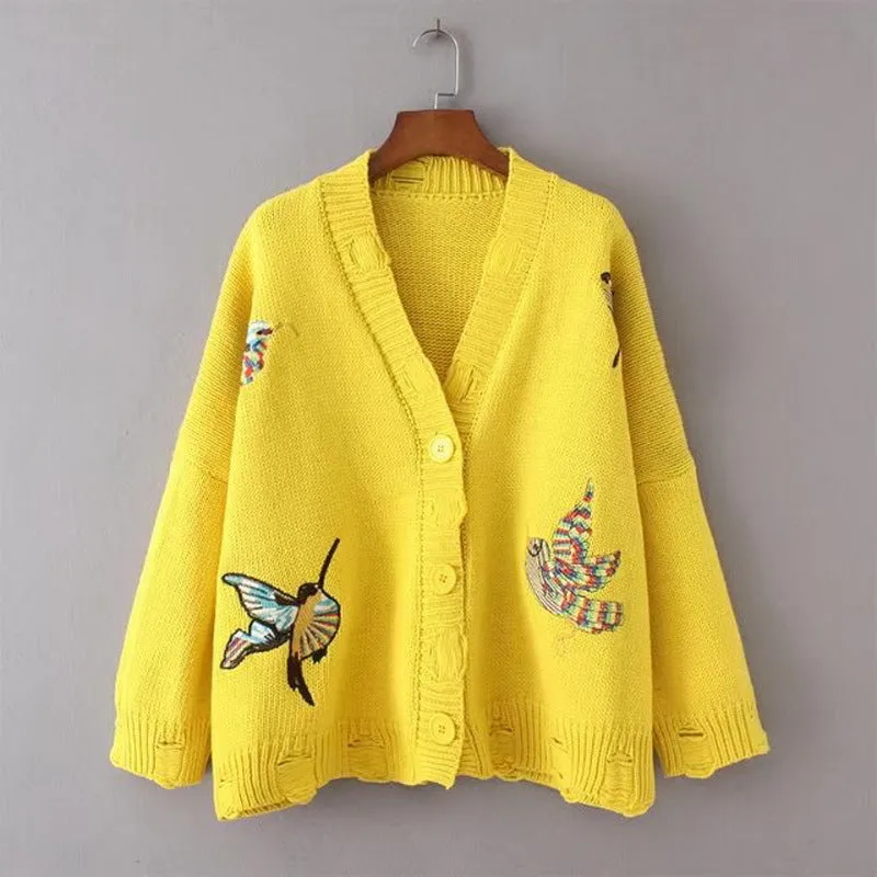 Bird Embroidery V-neck Cut Out Button Cardigan