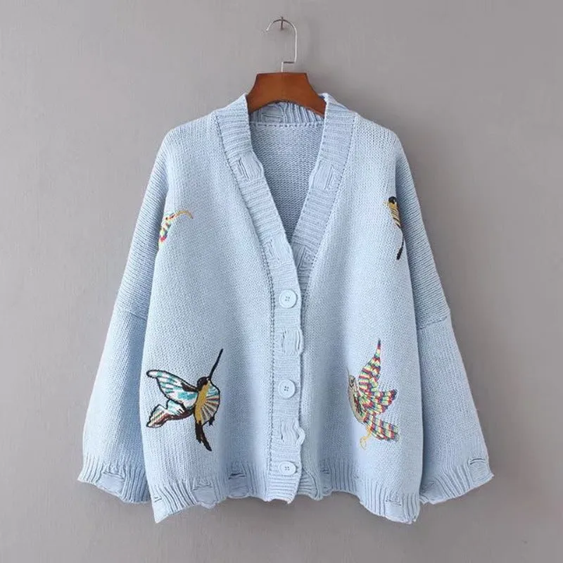 Bird Embroidery V-neck Cut Out Button Cardigan