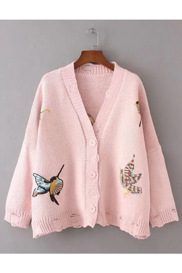 Bird Embroidery V-neck Cut Out Button Cardigan