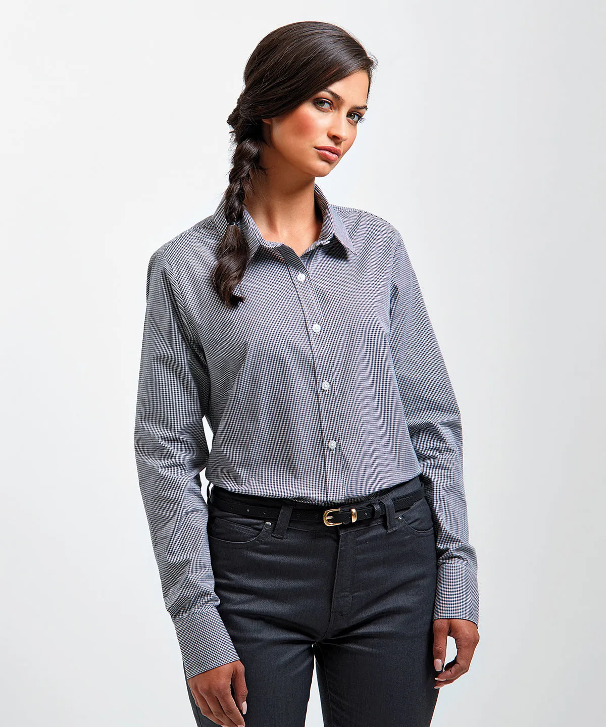 Black/White - Women's Microcheck (Gingham) long sleeve cotton shirt