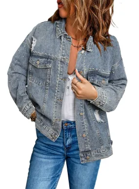 Blue Button Women's Oversized Denim Jacket Casual Long Boyfriend Distresse Jean Jacket Autumn Spring - Dokotoo