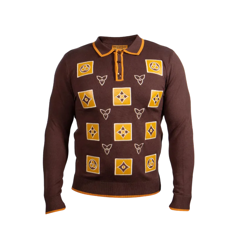 Brown Prestige Men's Polo Sweater with White Leather Fashion Style No: SW-469