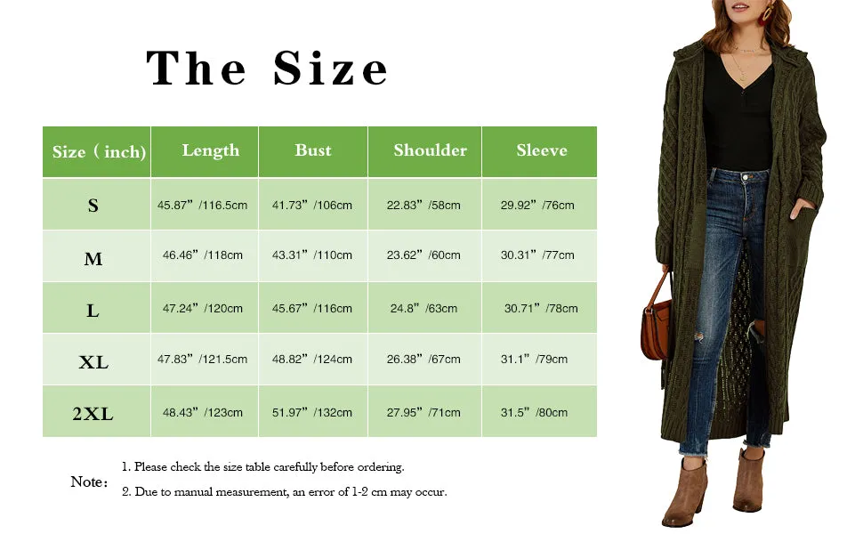 Camel Color Womens Casual Long Sleeve Open Cardigan Warm Hooded Outwear Coat Cable Knit Long Cardigan Sweaters with Pockets - NIUBIA