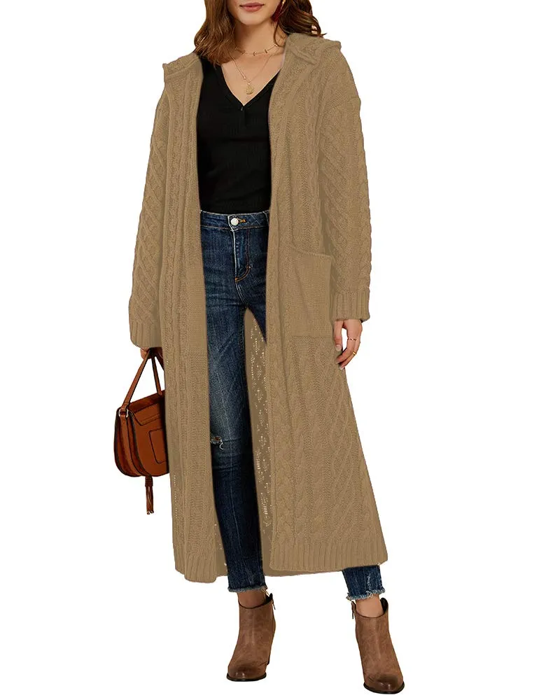 Camel Color Womens Casual Long Sleeve Open Cardigan Warm Hooded Outwear Coat Cable Knit Long Cardigan Sweaters with Pockets - NIUBIA