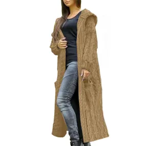 Camel Color Womens Casual Long Sleeve Open Cardigan Warm Hooded Outwear Coat Cable Knit Long Cardigan Sweaters with Pockets - NIUBIA