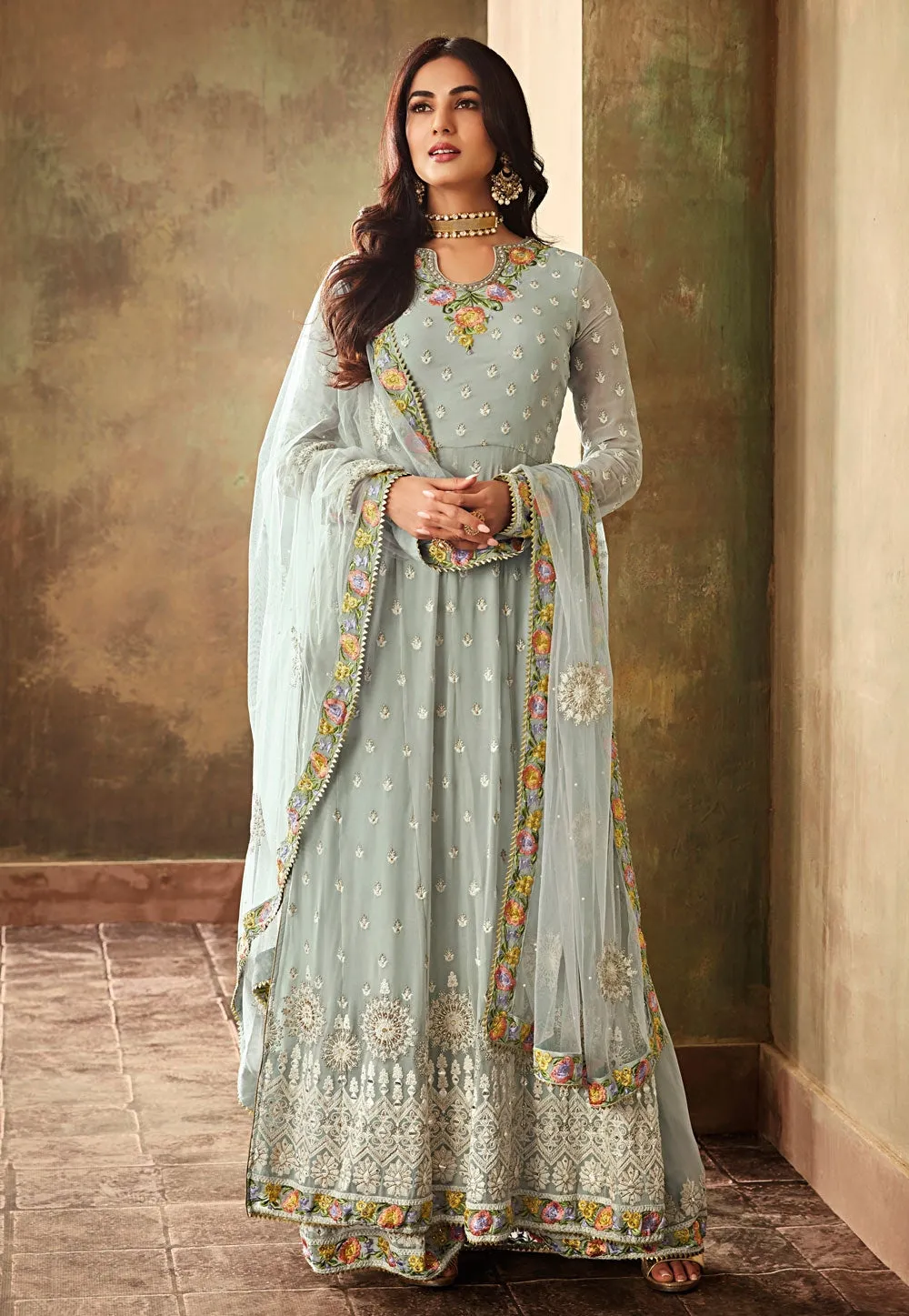 Chic Blue Multicoloured Embroidered Palazzo Suit