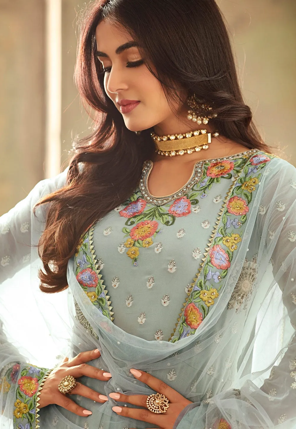 Chic Blue Multicoloured Embroidered Palazzo Suit