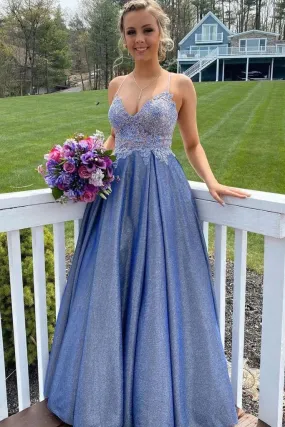 Chic Blue Satin Appliques Long Evening Dress Prom Dress  SH999