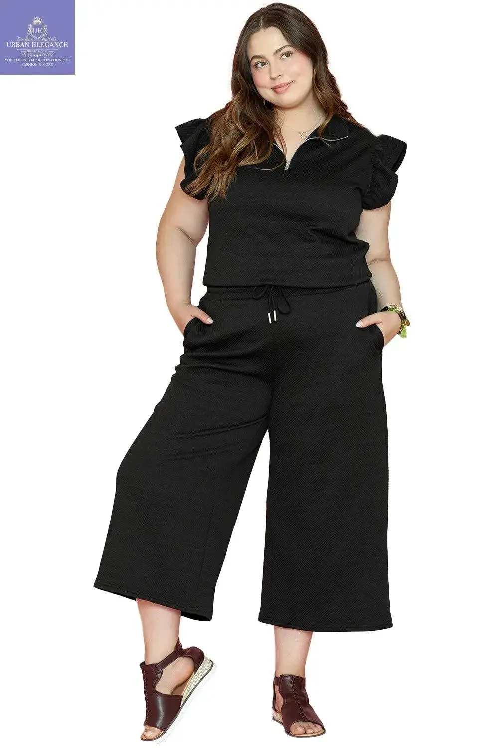 Chic Plus Size Black Ruffled Sleeve Ensemble