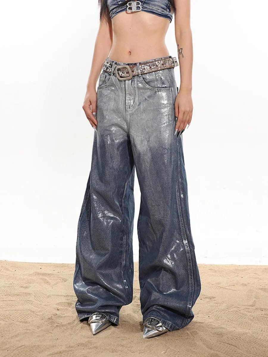 Chic Relaxed Fit Glossy Blue Denim Pants