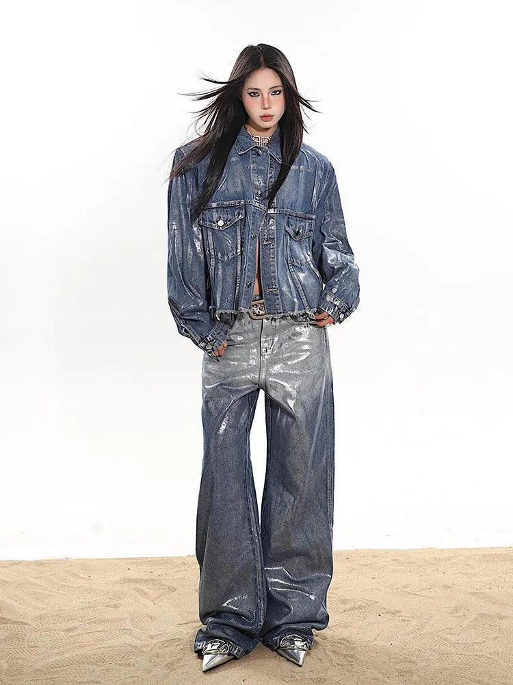 Chic Relaxed Fit Glossy Blue Denim Pants