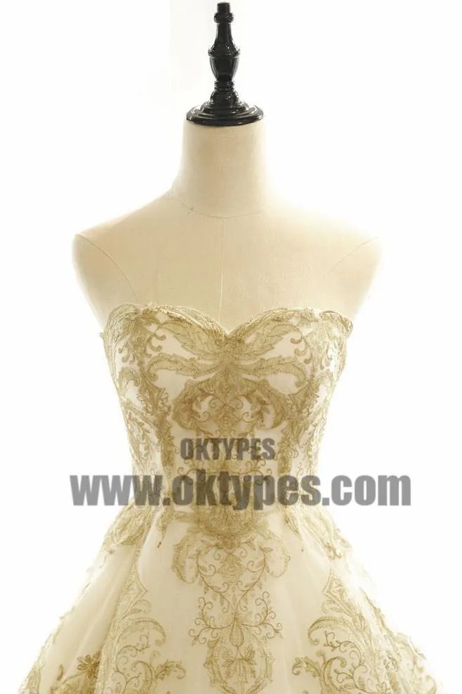 Chic Wedding Dresses Ivory Gold Appliques Sweep/Brush Train Bridal Gown, TYP0682