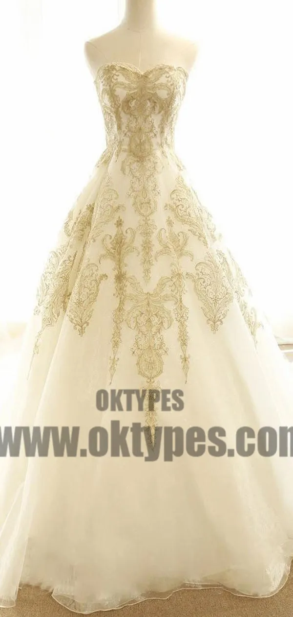 Chic Wedding Dresses Ivory Gold Appliques Sweep/Brush Train Bridal Gown, TYP0682