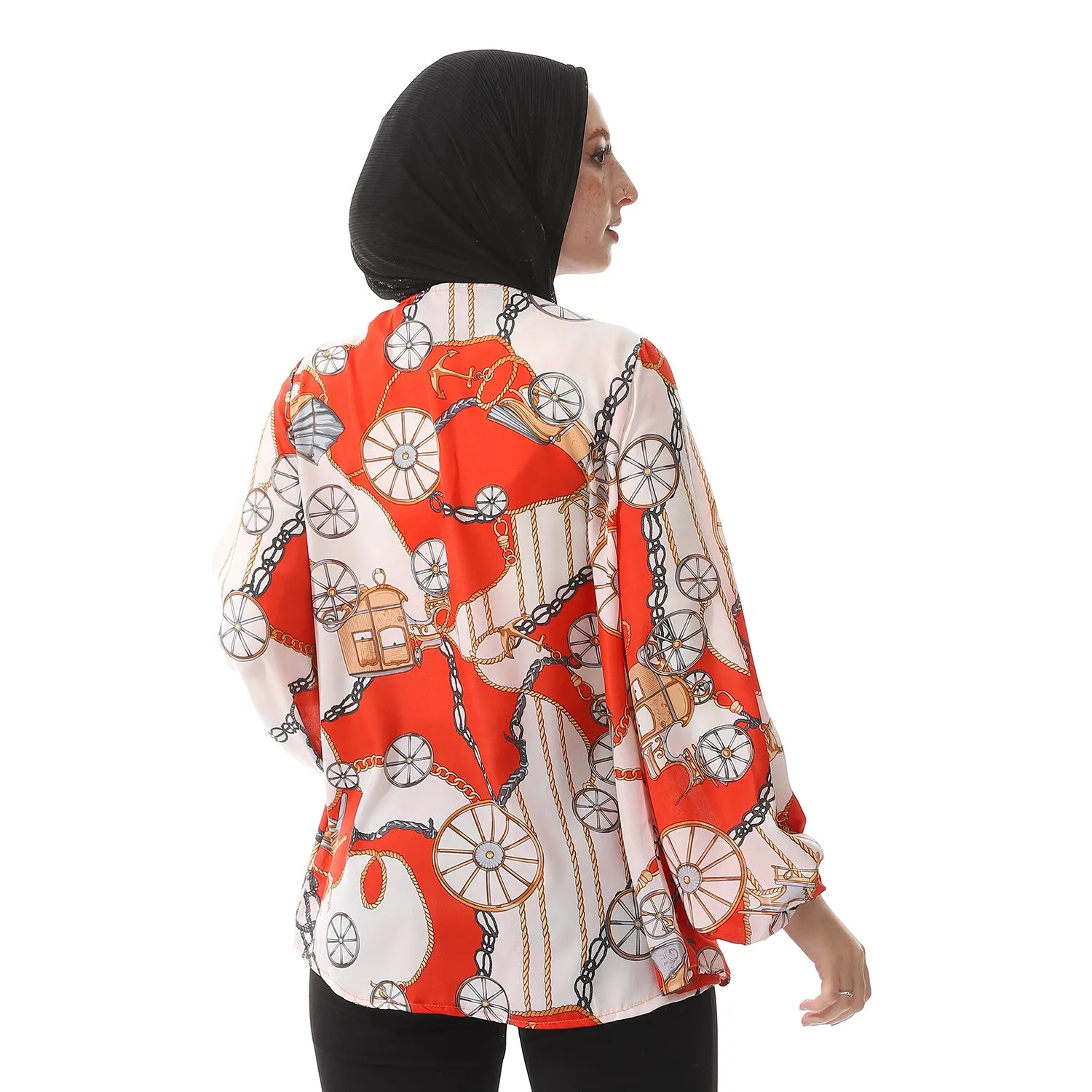 Chiffon V-Neck Smart Casual Orange Red & Ivory Blouse