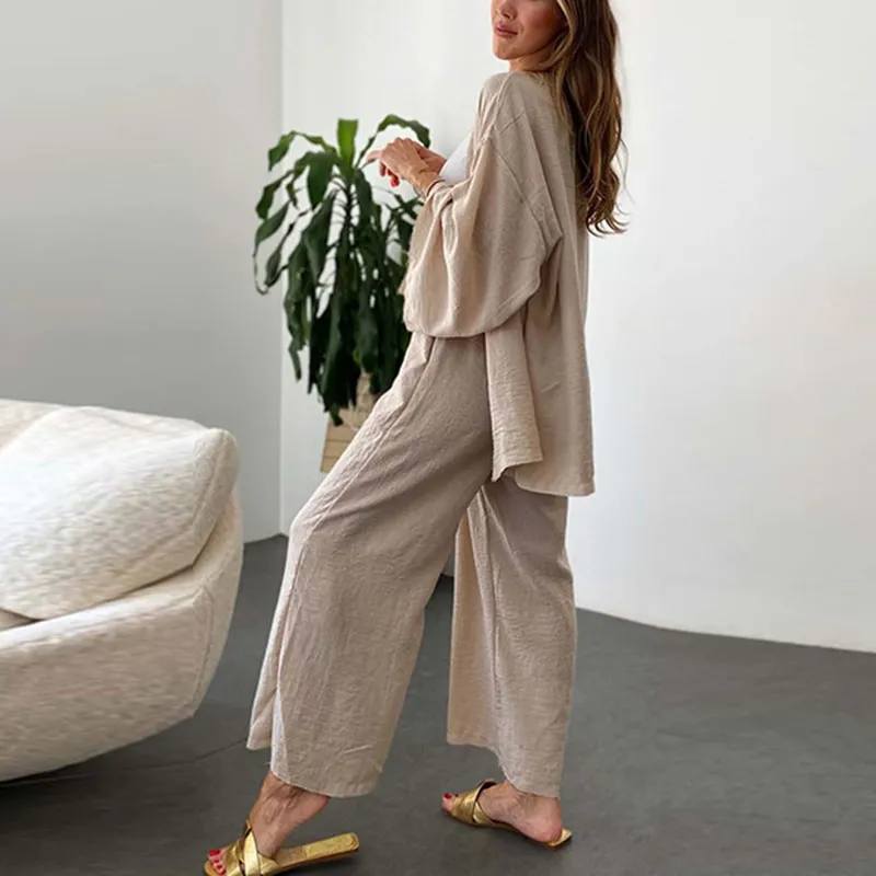 Cotton linen cardigan wide leg pants two piece set