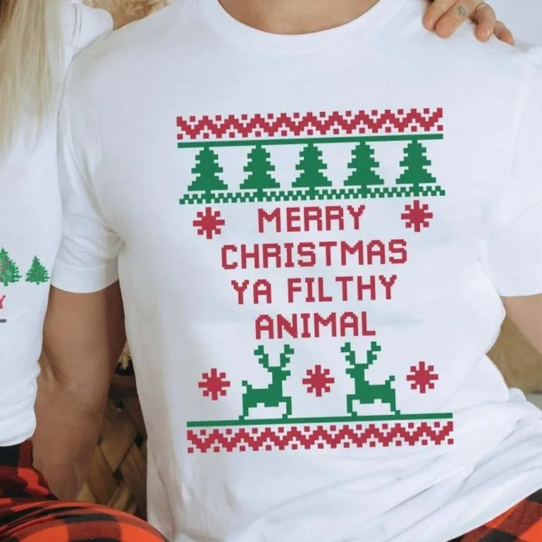 Couple Christmas Home Security & Filthy Animal Ugly Sweater Wholesale Bella Graphic Tee - Quick Shipping