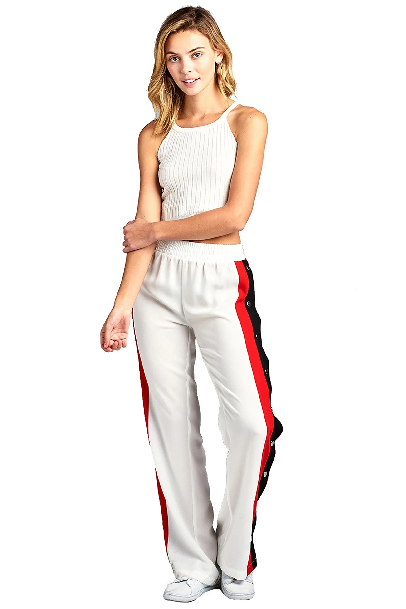 Elastic High Waist Wide Leg Side Split Stripe Contrast Snap-On Buttoned Tearaway Long Chiffon Pants