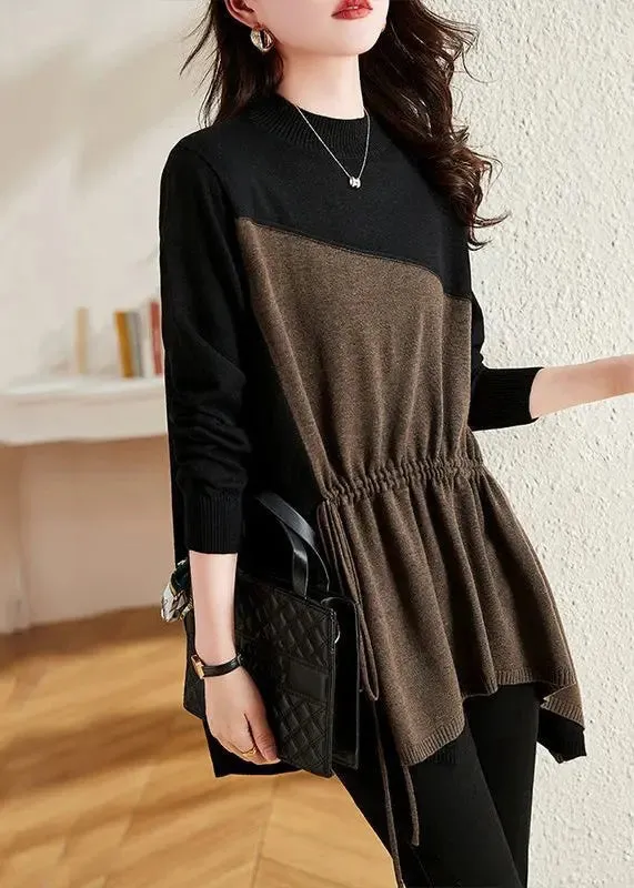 French Black Asymmetrical Patchwork Drawstring Knit Sweaters Fall ML1283