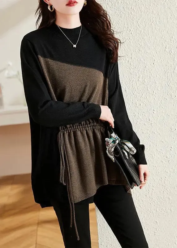 French Black Asymmetrical Patchwork Drawstring Knit Sweaters Fall ML1283