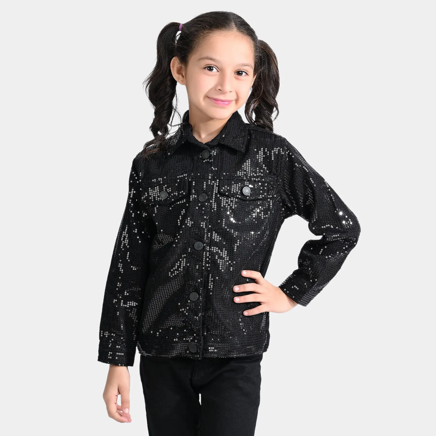 Girls Denim rigid Woven Jacket Sequins Sparkle-BLACK