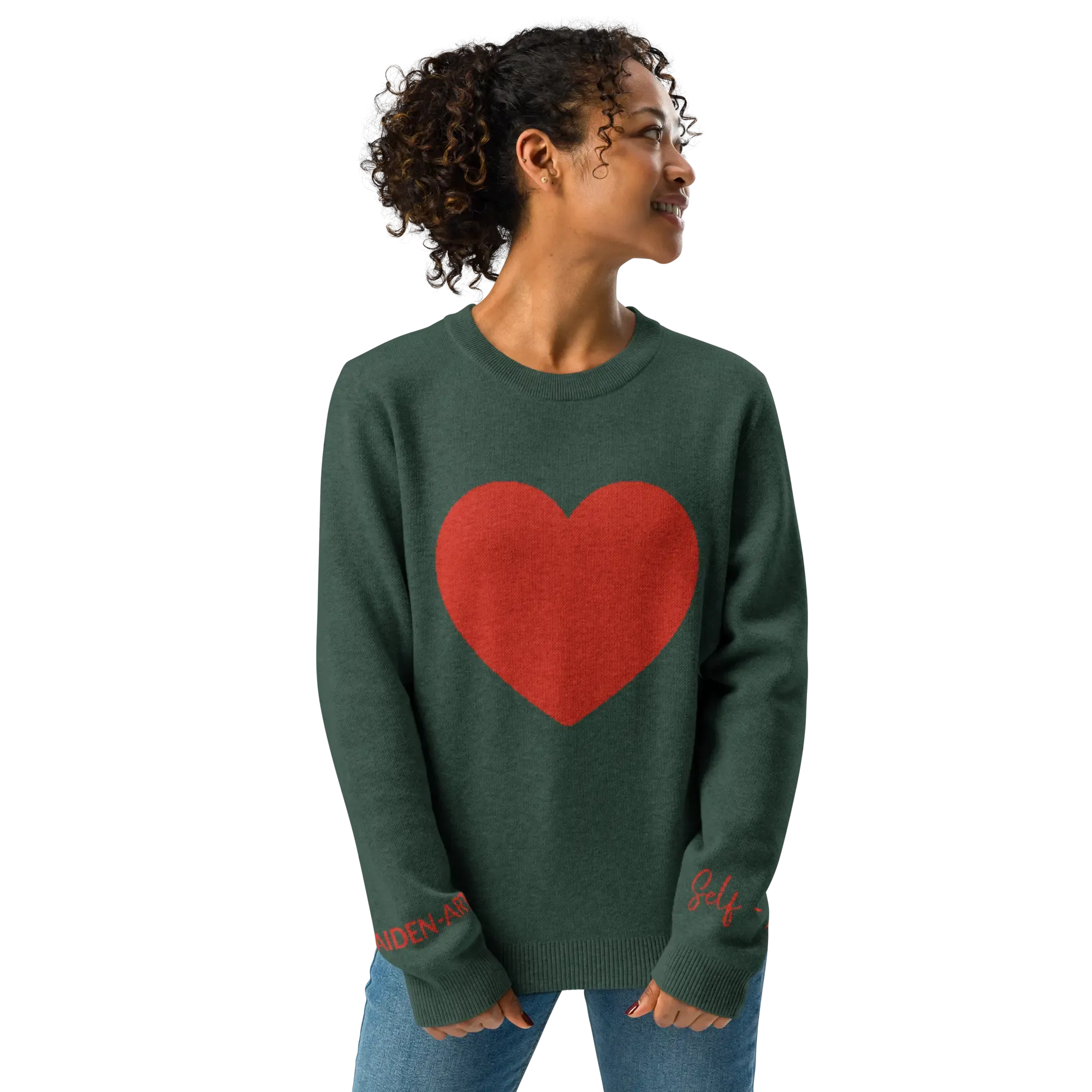 Heart - Knitted crew neck sweater PINE