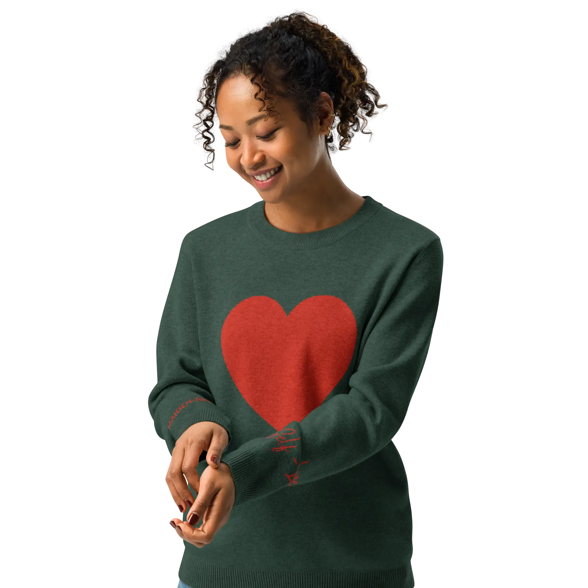 Heart - Knitted crew neck sweater PINE