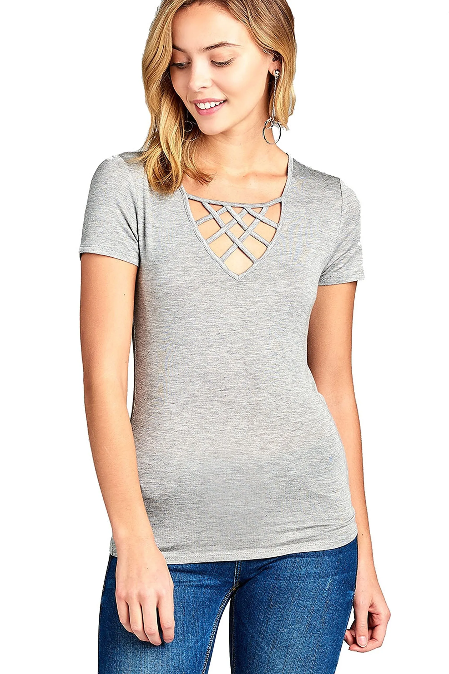 Khanomak Short Sleeve Basic Casual Crisscross Strappy V-Neck Fitted Top