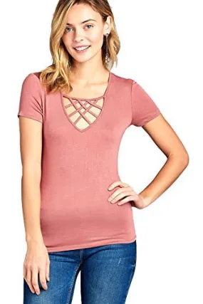 Khanomak Short Sleeve Basic Casual Crisscross Strappy V-Neck Fitted Top