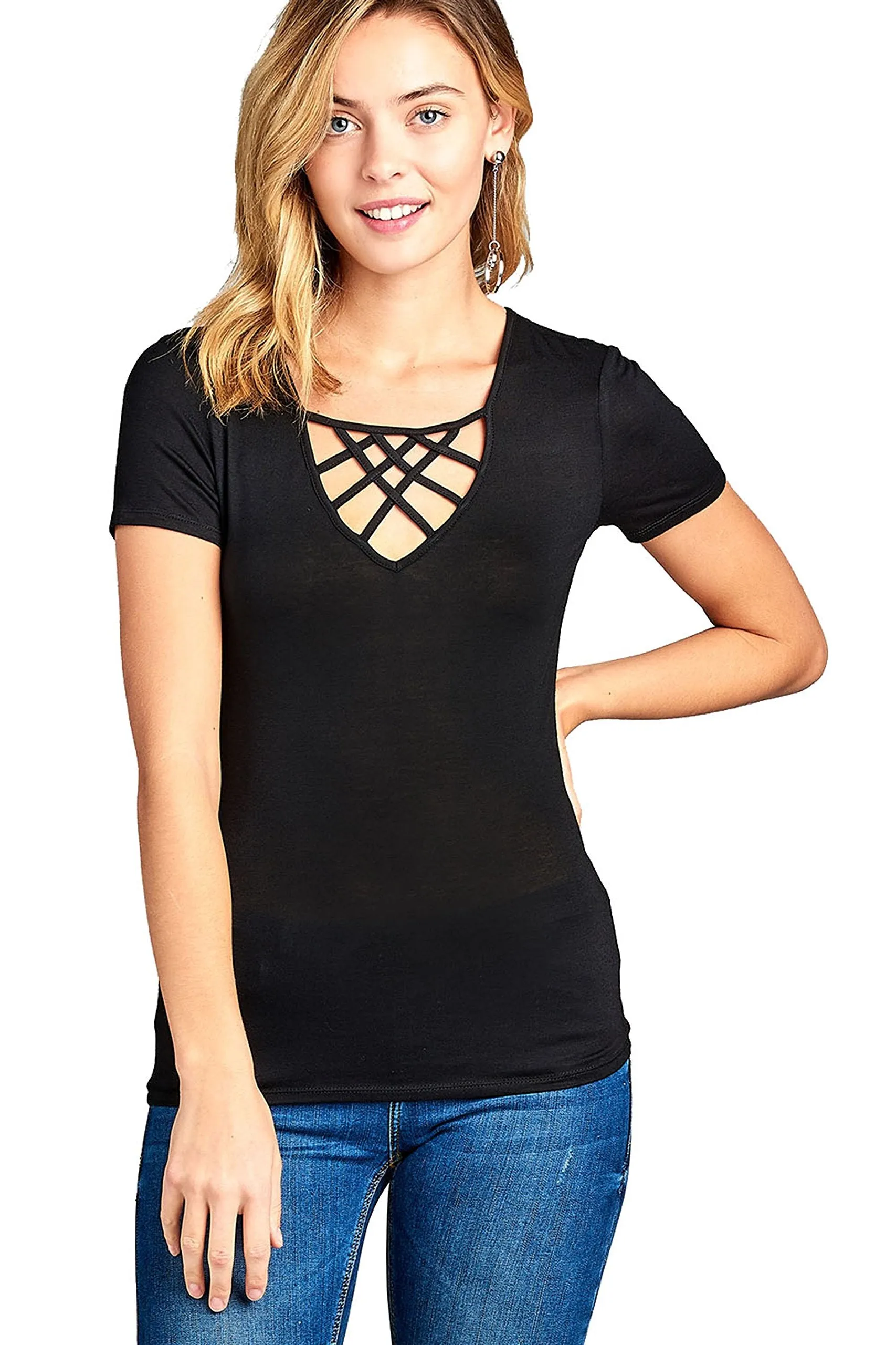 Khanomak Short Sleeve Basic Casual Crisscross Strappy V-Neck Fitted Top