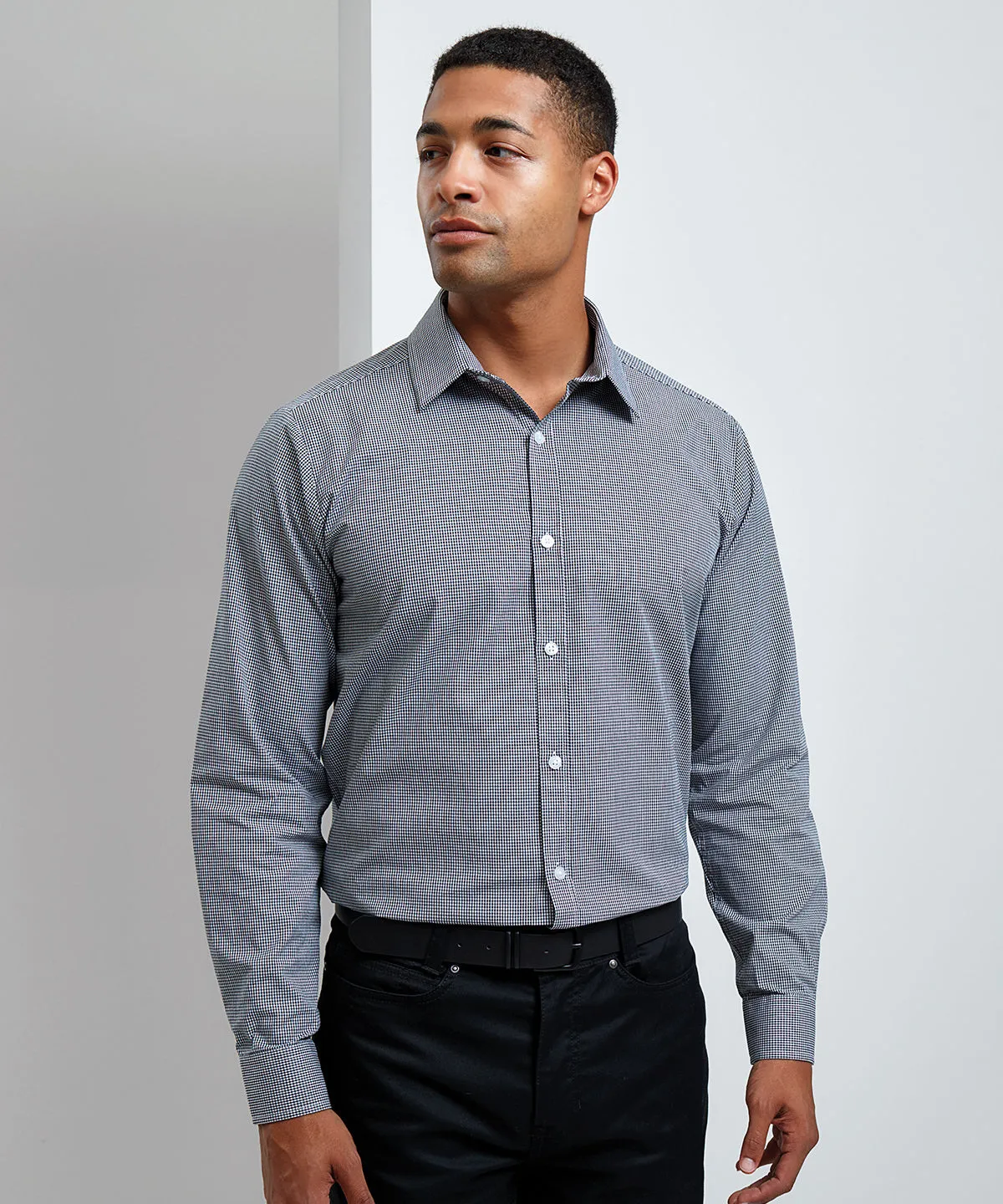 Light Blue/White - Microcheck (Gingham) long sleeve cotton shirt