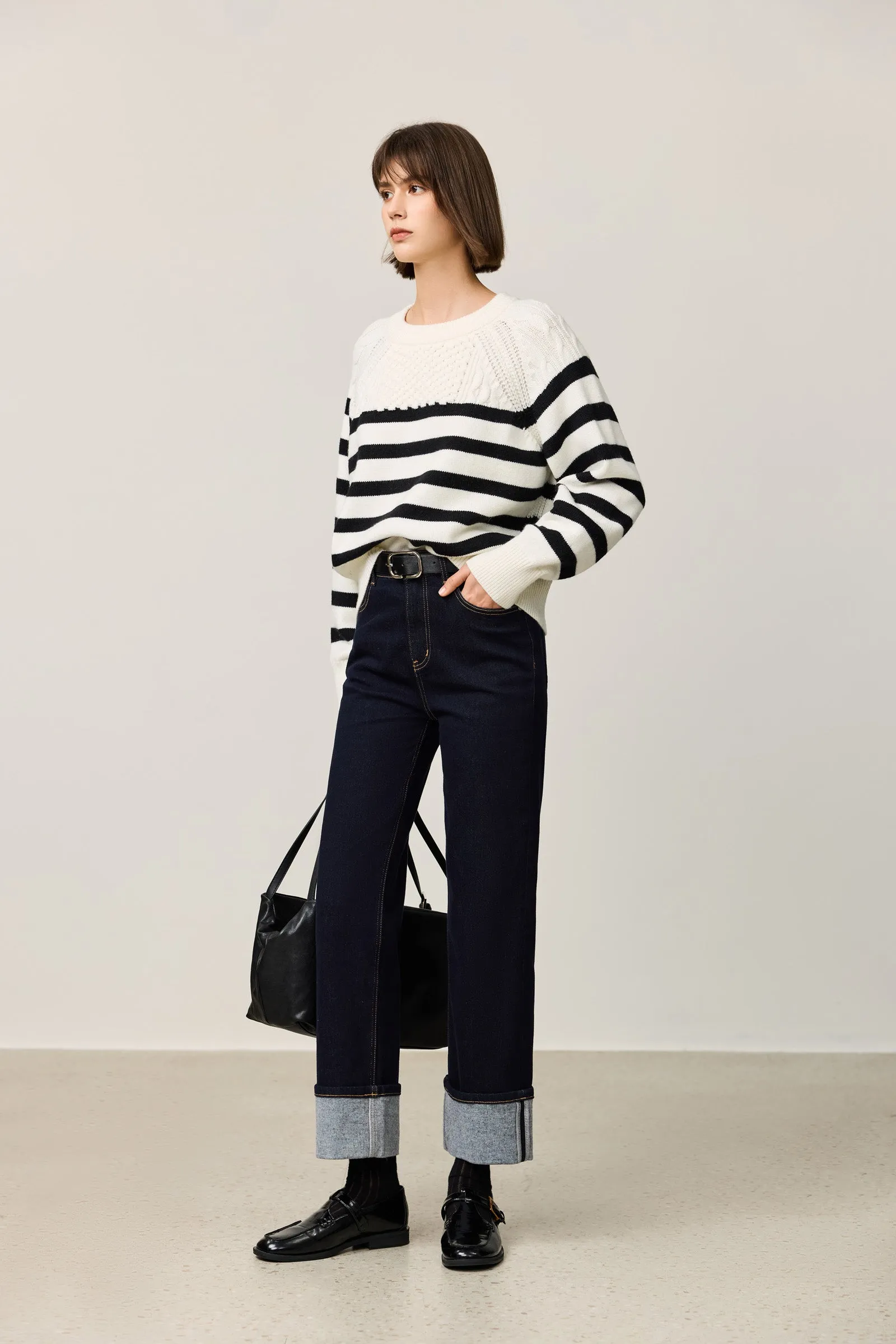 LILY Black & White Striped Crewneck Sweater