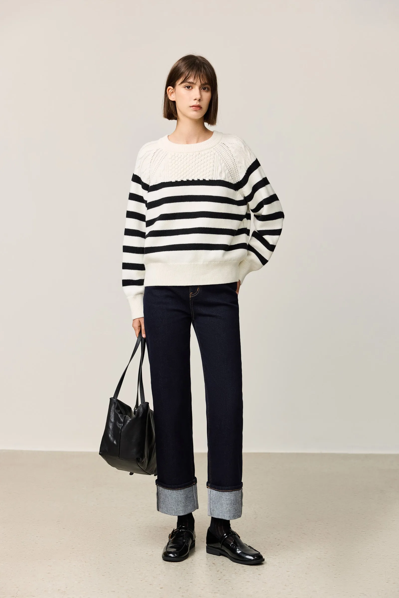 LILY Black & White Striped Crewneck Sweater