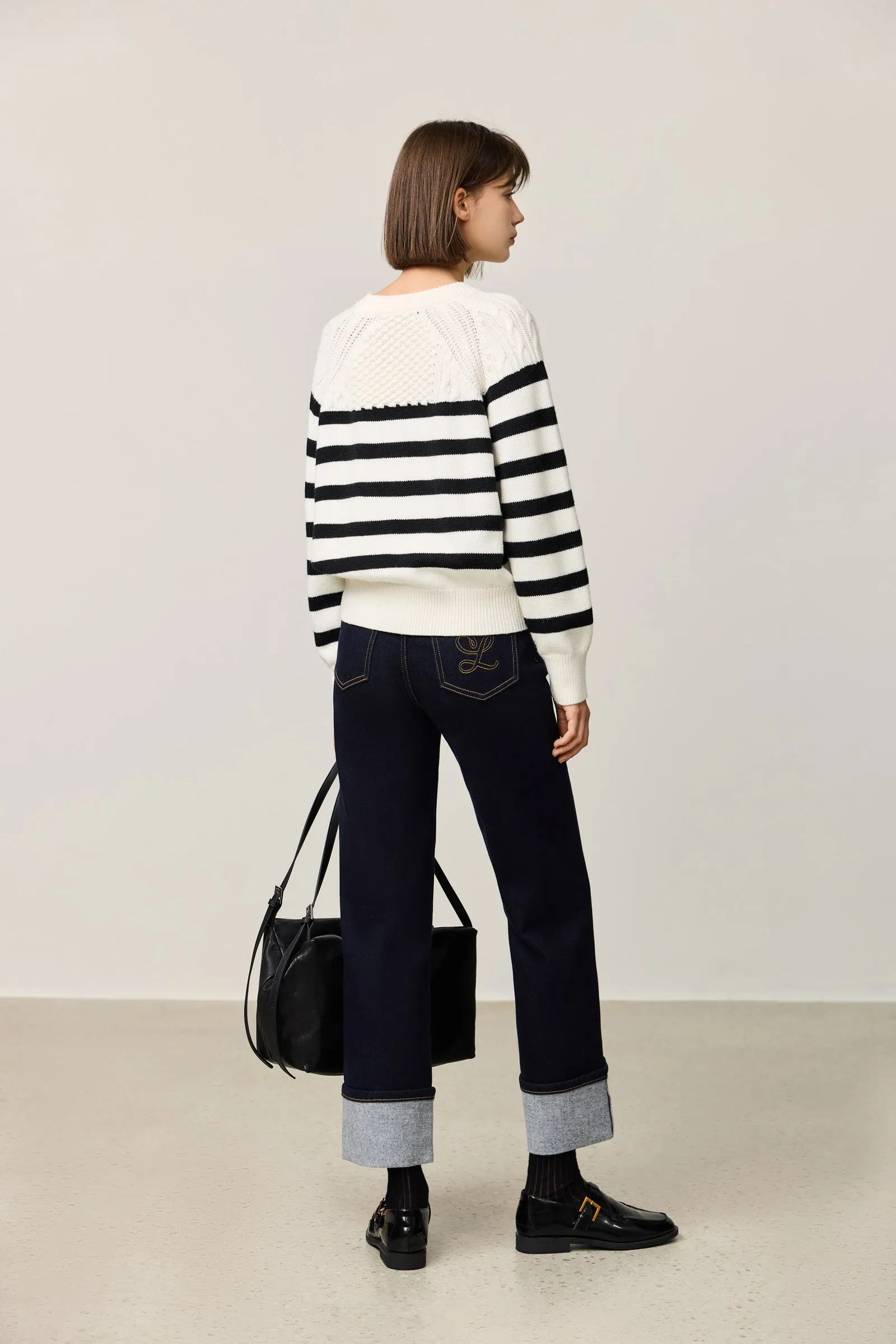 LILY Black & White Striped Crewneck Sweater