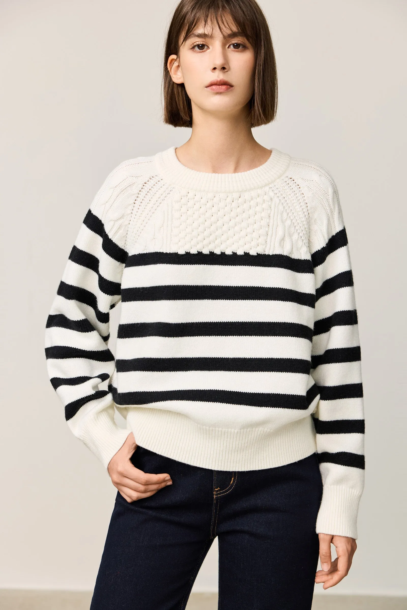 LILY Black & White Striped Crewneck Sweater