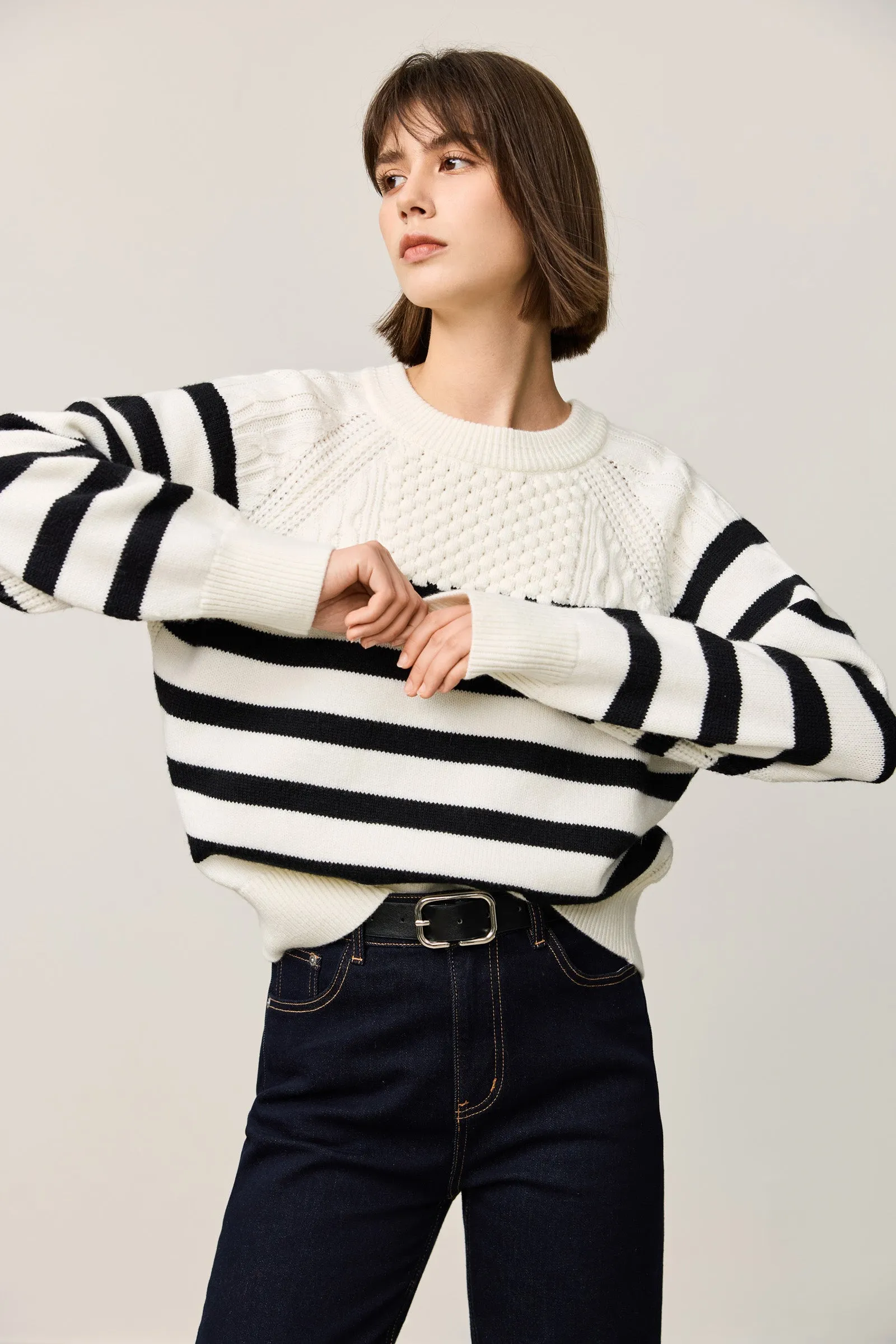 LILY Black & White Striped Crewneck Sweater