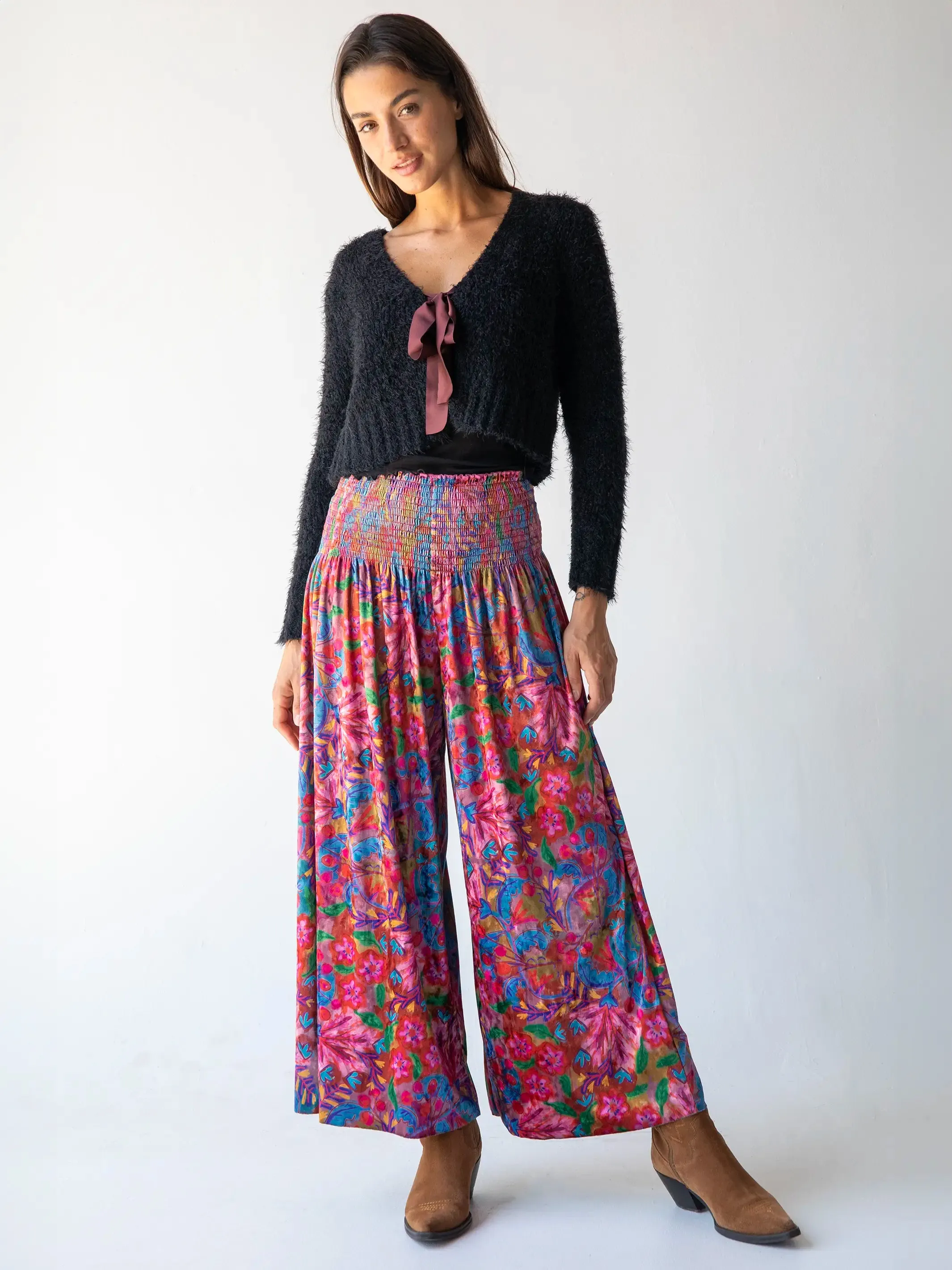 Make A Move Velvet Palazzo Pant - Pink Red Folk Floral