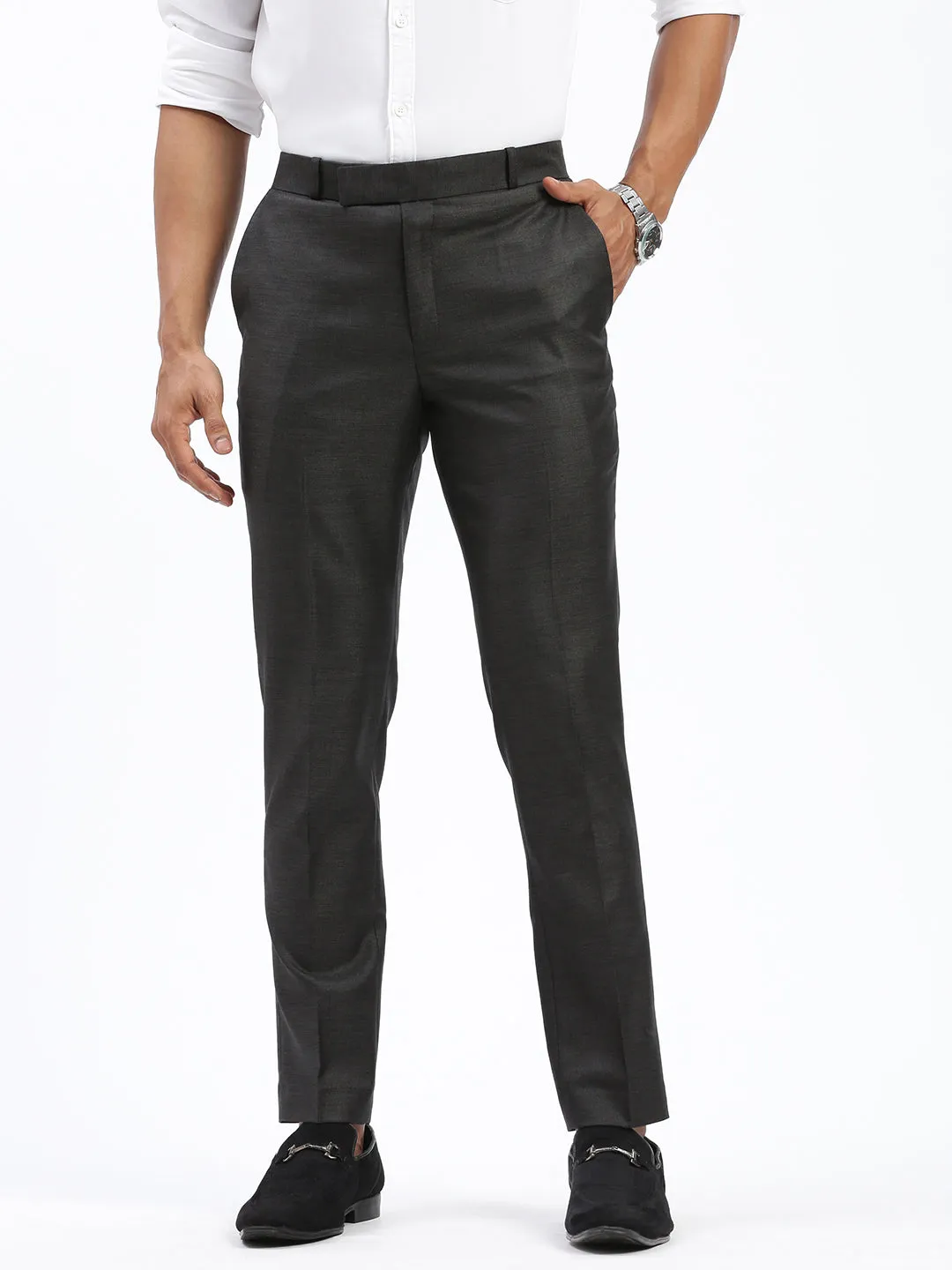 Men Solid Charcoal Formal Trousers