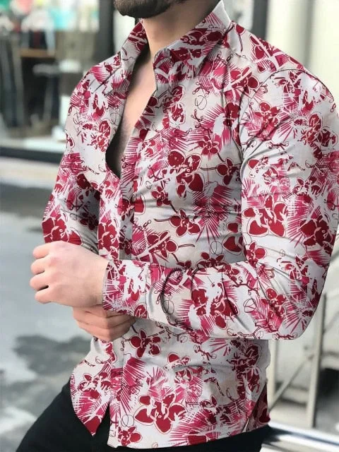 Men's Shirt Long Sleeve Hawaiian Luxury Button Up Cardigan Blouses Single Breasted Turn-down Collar