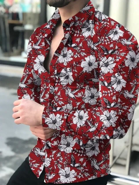 Men's Shirt Long Sleeve Hawaiian Luxury Button Up Cardigan Blouses Single Breasted Turn-down Collar