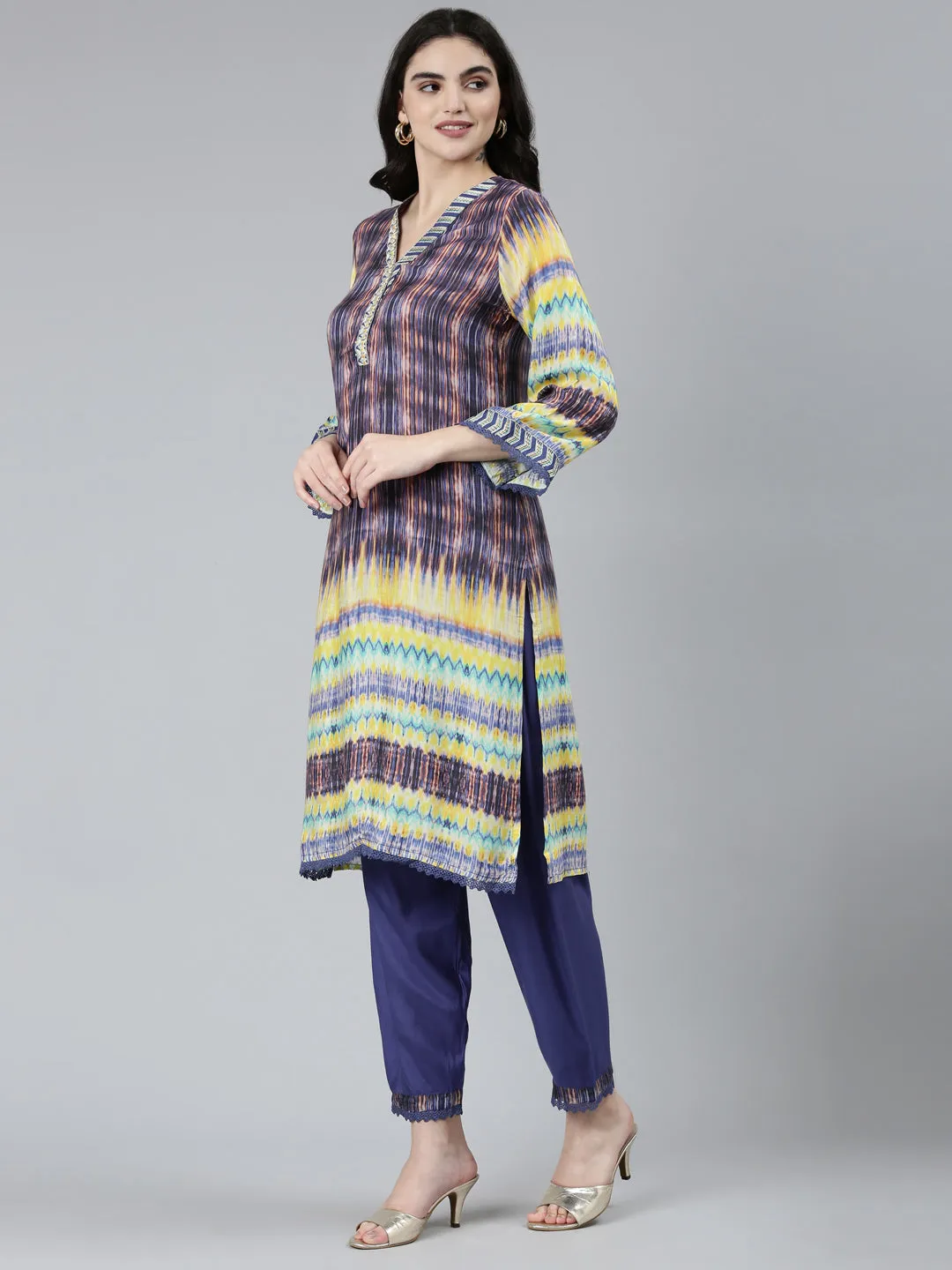 Neeru's Blue Regular Straight Chevron Kurta Sets And Trousers With Dupatta