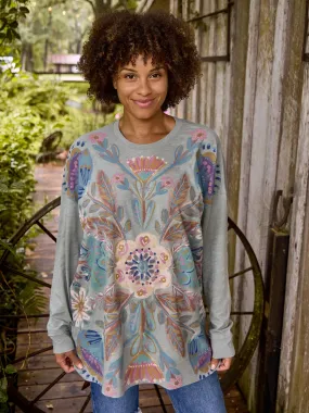 One Size Long Sleeve Cotton Easy Tee - Dusty Blue Flower Bouquet