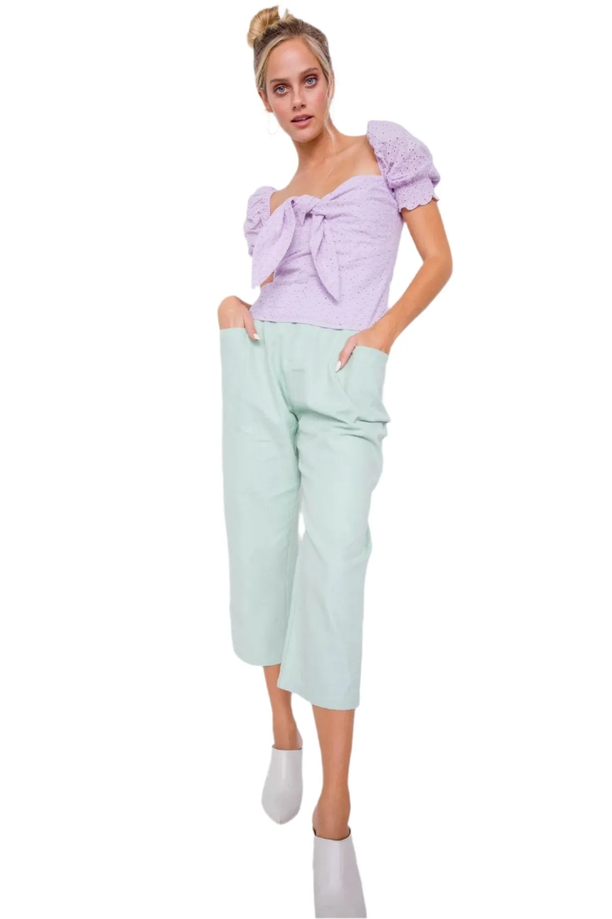 Pastel Chic Ankle Wide Leg Adjustable Waist Pants