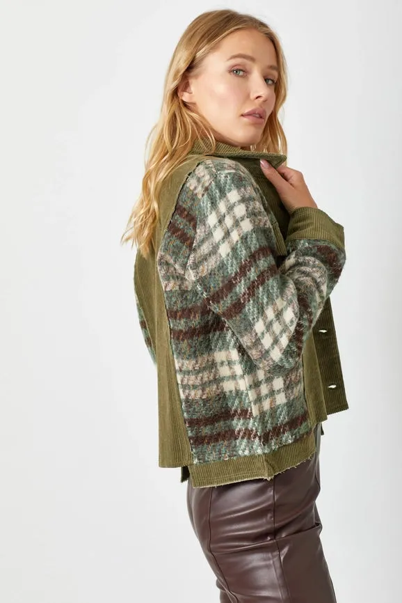 Plaid Sleeve Corduroy Jacket Olive