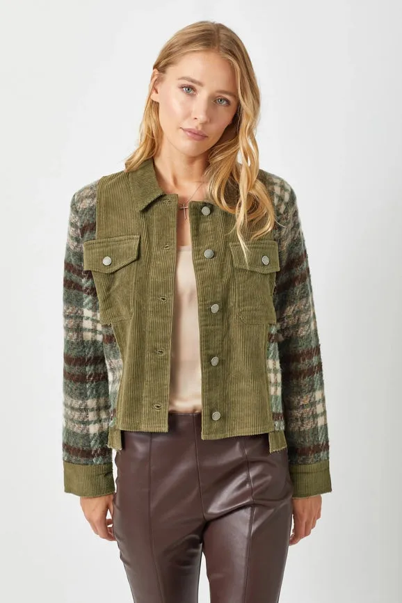 Plaid Sleeve Corduroy Jacket Olive