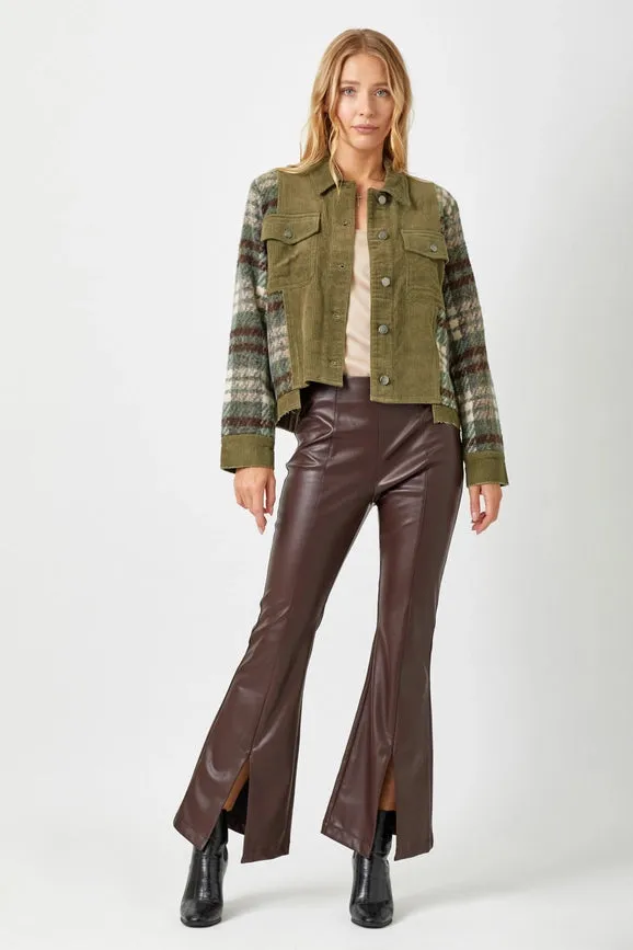 Plaid Sleeve Corduroy Jacket Olive