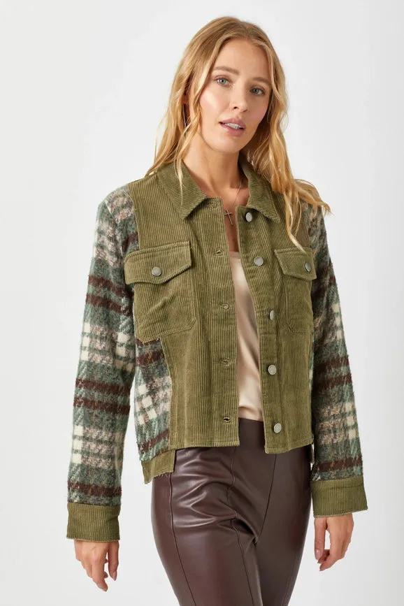 Plaid Sleeve Corduroy Jacket Olive