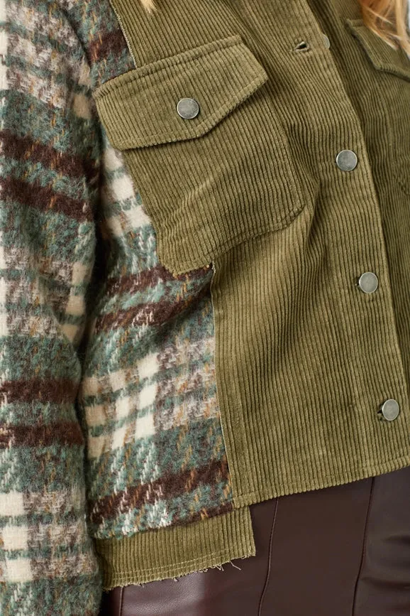 Plaid Sleeve Corduroy Jacket Olive